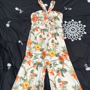 Floral Halter Jumpsuit - Orange and Green